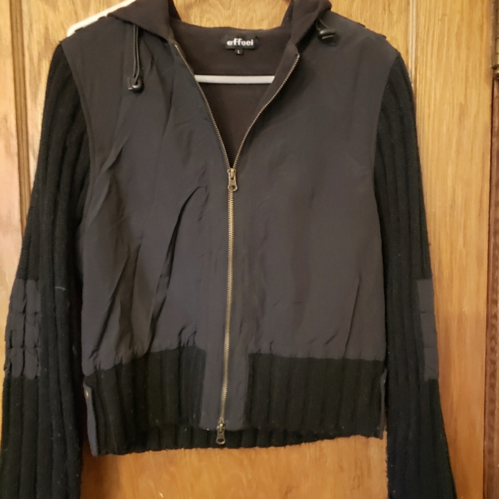 Little black hoodie great for spring! Size large. Cute brass snap details
